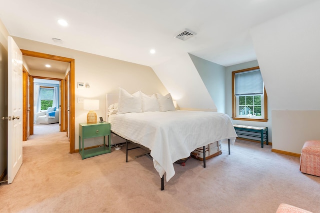 26 Ferncroft Rd, York, ME 03909 - bedroom with light colored carpet, recessed lighting, and lofted ceiling