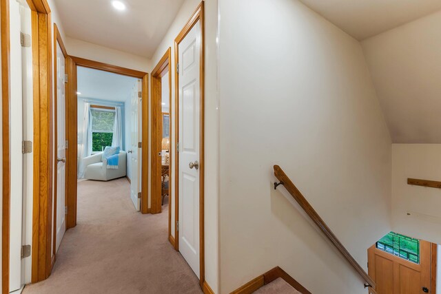 26 Ferncroft Rd, York, ME 03909 - hall featuring an upstairs landing, light colored carpet, and recessed lighting