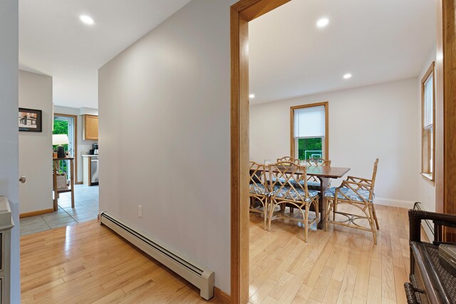 26 Ferncroft Rd, York, ME 03909 - hallway with baseboard heating, light wood-style flooring, and recessed lighting