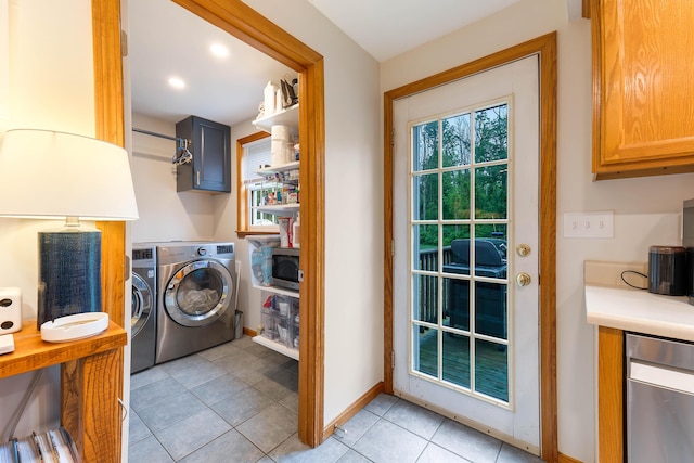 26 Ferncroft Rd, York, ME 03909 - washroom featuring washing machine and dryer, cabinet space, light tile patterned floors, and recessed lighting