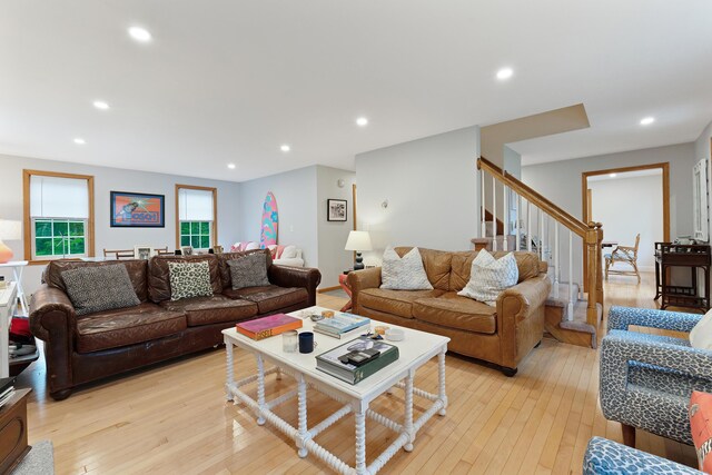 26 Ferncroft Rd, York, ME 03909 - living area with light wood finished floors, stairs, and recessed lighting