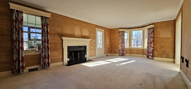 91 Mayflower Hill Dr, Waterville, ME 04901 - unfurnished living room featuring a fireplace with flush hearth, carpet flooring, and crown molding