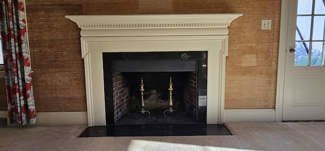 91 Mayflower Hill Dr, Waterville, ME 04901 - detailed view of a fireplace with flush hearth and carpet floors