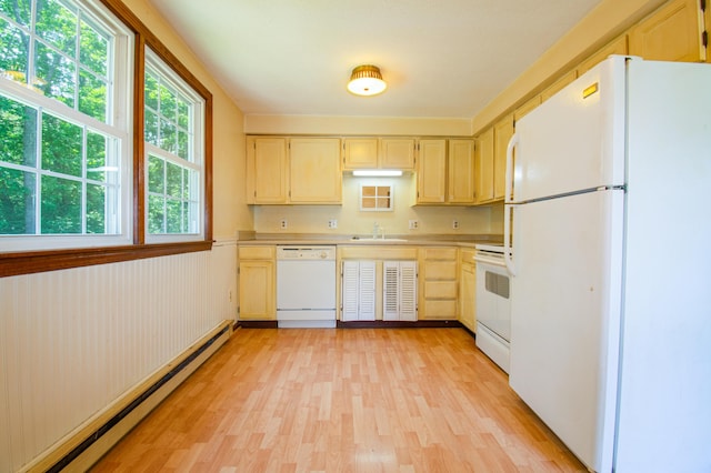 24 Down E Ln, Scarborough, ME 04074 - kitchen featuring white appliances, baseboard heating, light wood finished floors, light countertops, and light brown cabinetry