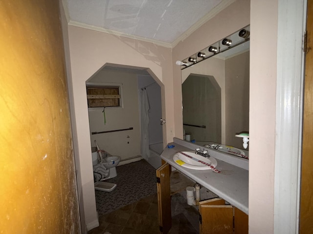 13 Mount Desert Dr, Bangor, ME 04401 - bathroom featuring ornamental molding, vanity, and curtained shower