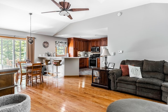 627 Green Lake Rd, Dedham, ME 04429 - living area with a ceiling fan, vaulted ceiling, and light wood finished floors