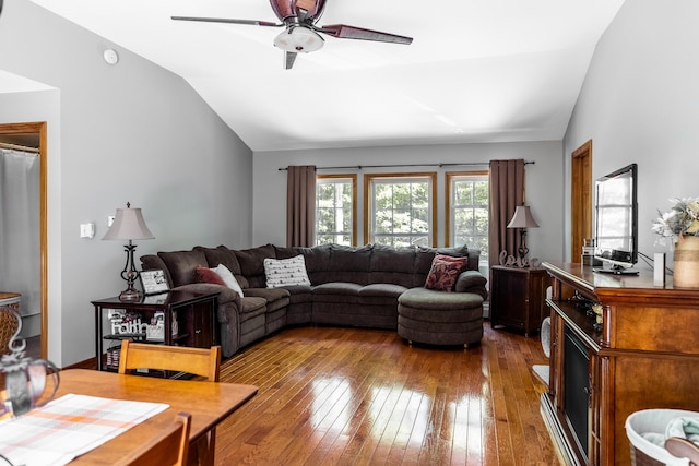 627 Green Lake Rd, Dedham, ME 04429 - living area with lofted ceiling, hardwood / wood-style floors, and ceiling fan