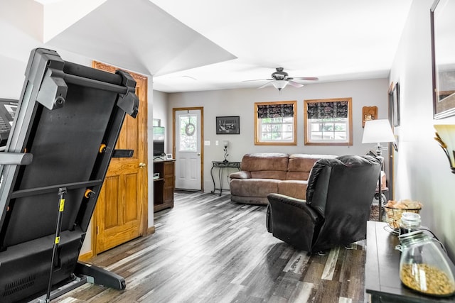 627 Green Lake Rd, Dedham, ME 04429 - living area with a ceiling fan and wood finished floors