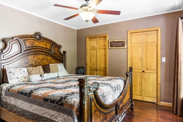 627 Green Lake Rd, Dedham, ME 04429 - bedroom featuring dark wood-type flooring, crown molding, and ceiling fan