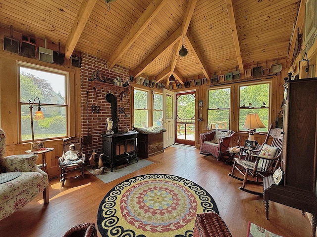 99 Huddle Rd, Bristol, ME 04554 - living area featuring a wood stove, light wood finished floors, wood ceiling, and plenty of natural light