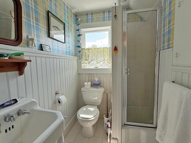 99 Huddle Rd, Bristol, ME 04554 - full bathroom with a wainscoted wall, tile patterned floors, a shower stall, and wallpapered walls