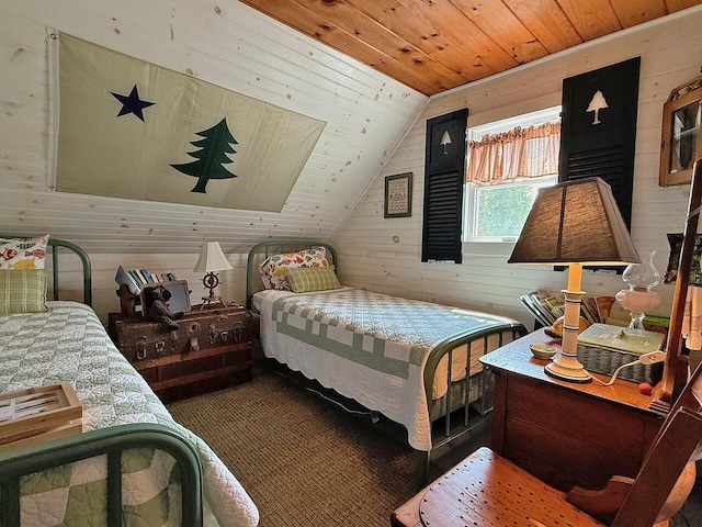 99 Huddle Rd, Bristol, ME 04554 - carpeted bedroom with wood walls, vaulted ceiling, and wood ceiling
