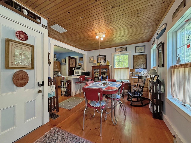 99 Huddle Rd, Bristol, ME 04554 - dining space with wood ceiling, plenty of natural light, and wood finished floors