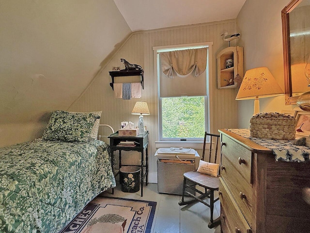 99 Huddle Rd, Bristol, ME 04554 - bedroom featuring vaulted ceiling and wooden walls