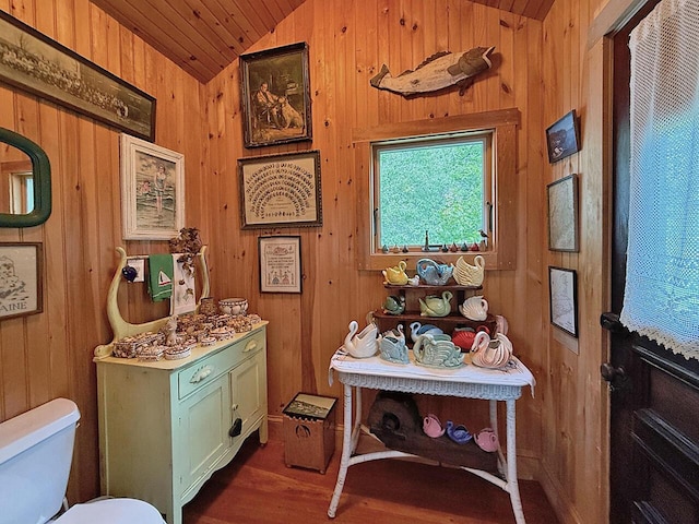 99 Huddle Rd, Bristol, ME 04554 - bathroom featuring vaulted ceiling, wood ceiling, wood finished floors, and wood walls