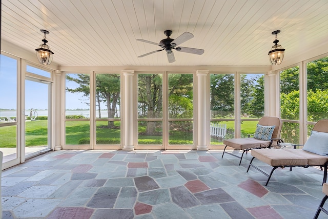 22 Channel Cove Ln, Biddeford, ME 04005 - sunroom with ceiling fan, a water view, and plenty of natural light
