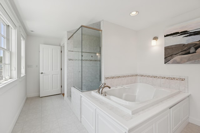 22 Channel Cove Ln, Biddeford, ME 04005 - bathroom with a garden tub, a shower stall, tile patterned floors, and recessed lighting