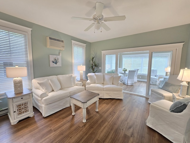 1 Old County Rd Unit 140, Wells, ME 04090 - living room with a wall mounted AC, dark wood-style floors, and ceiling fan