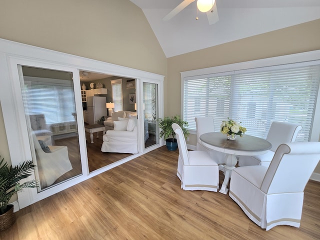 1 Old County Rd Unit 140, Wells, ME 04090 - dining room featuring high vaulted ceiling, ceiling fan, and light wood-style floors