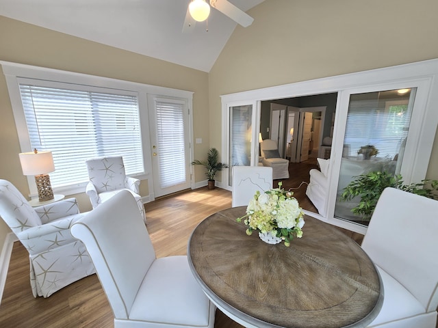 1 Old County Rd Unit 140, Wells, ME 04090 - dining space with a ceiling fan, light wood-style floors, and high vaulted ceiling