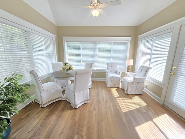 1 Old County Rd Unit 140, Wells, ME 04090 - dining room featuring lofted ceiling, ceiling fan, and light wood-style flooring