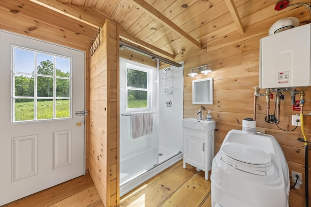 1535 Bailey Rd, Knox, ME 04986 - bathroom with water heater, wooden walls, wooden ceiling, a stall shower, and hardwood / wood-style floors