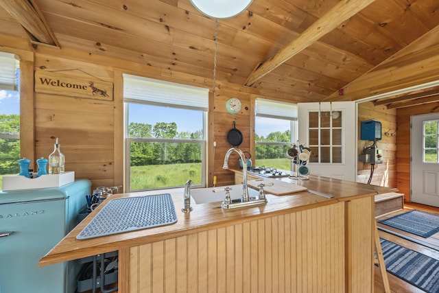 1535 Bailey Rd, Knox, ME 04986 - kitchen featuring wood walls, wooden ceiling, and wood counters