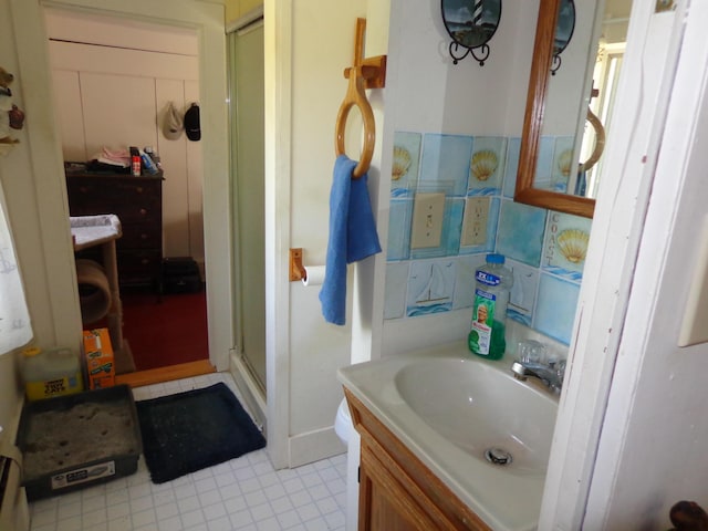 1089 Maplewood Rd, Newfield, ME 04095 - bathroom featuring vanity, a stall shower, and tile patterned flooring