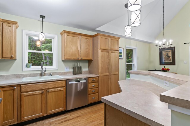 47 Double M Ln, Woolwich, ME 04579 - kitchen with dishwasher, light wood-type flooring, pendant lighting, lofted ceiling, and light countertops