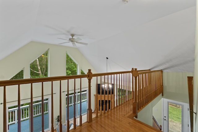 47 Double M Ln, Woolwich, ME 04579 - hall featuring vaulted ceiling, an upstairs landing, wood finished floors, and a chandelier
