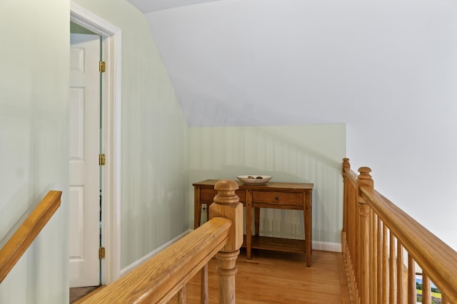 47 Double M Ln, Woolwich, ME 04579 - hallway with an upstairs landing, light wood-style floors, and vaulted ceiling