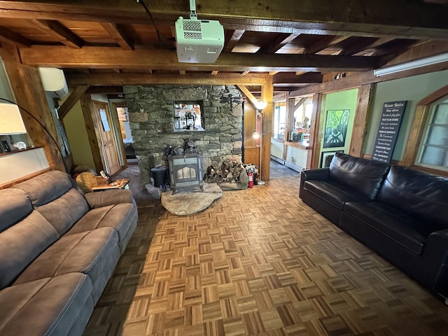 396 Smyrna Town Line Rd, Smyrna, ME 04780 - living room with beam ceiling and a wall unit AC