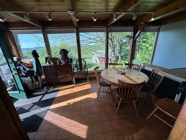 396 Smyrna Town Line Rd, Smyrna, ME 04780 - sunroom with rail lighting, plenty of natural light, tile patterned floors, and wood ceiling