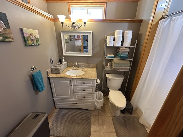 396 Smyrna Town Line Rd, Smyrna, ME 04780 - bathroom with vanity, tile patterned flooring, a chandelier, and a shower with shower curtain