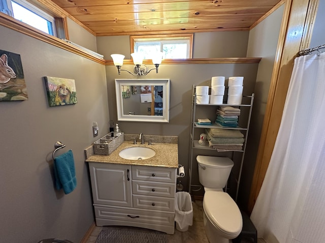 396 Smyrna Town Line Rd, Smyrna, ME 04780 - bathroom featuring wood ceiling, vanity, and a shower with shower curtain