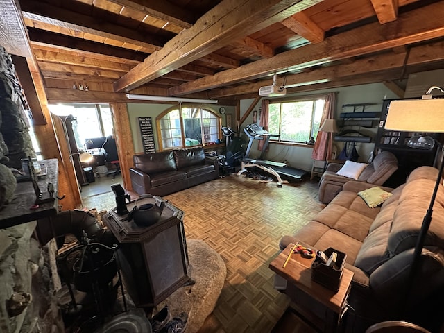 396 Smyrna Town Line Rd, Smyrna, ME 04780 - living room with beamed ceiling