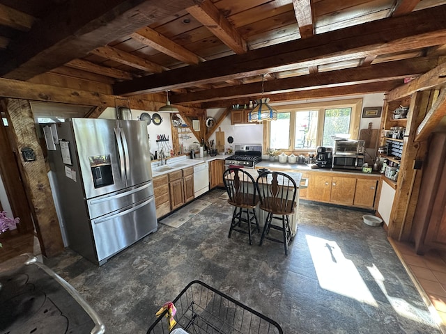 396 Smyrna Town Line Rd, Smyrna, ME 04780 - kitchen with appliances with stainless steel finishes, pendant lighting, light countertops, beamed ceiling, and a breakfast bar