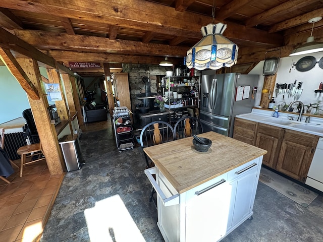 396 Smyrna Town Line Rd, Smyrna, ME 04780 - kitchen featuring stainless steel refrigerator with ice dispenser, a wood ceiling with exposed beams, white dishwasher, pendant lighting, and a center island