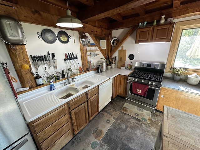 396 Smyrna Town Line Rd, Smyrna, ME 04780 - kitchen featuring gas stove, white dishwasher, brown cabinetry, a wood ceiling with exposed beams, and light countertops