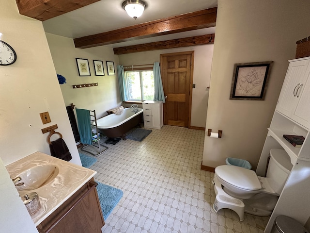 396 Smyrna Town Line Rd, Smyrna, ME 04780 - bathroom featuring a freestanding tub, beamed ceiling, and vanity