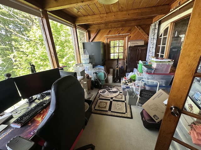 396 Smyrna Town Line Rd, Smyrna, ME 04780 - office space featuring a wooden ceiling with exposed beams and wood walls