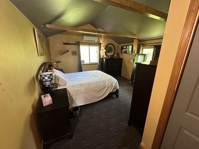 396 Smyrna Town Line Rd, Smyrna, ME 04780 - bedroom with dark colored carpet, an AC wall unit, and vaulted ceiling