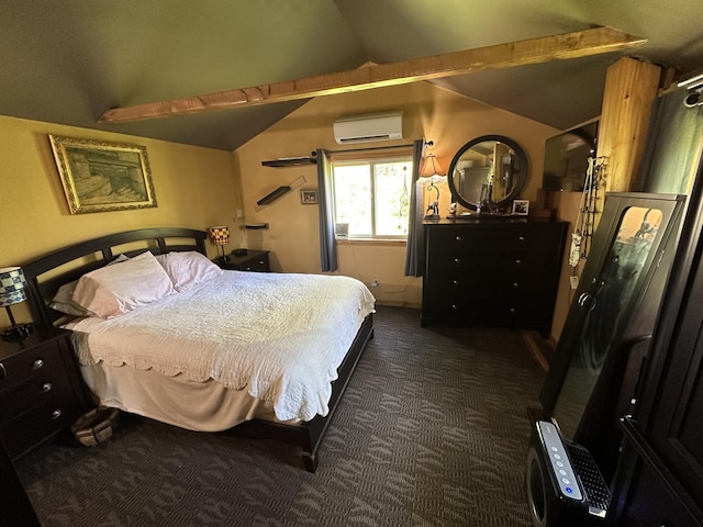 396 Smyrna Town Line Rd, Smyrna, ME 04780 - bedroom featuring an AC wall unit, vaulted ceiling, and dark carpet