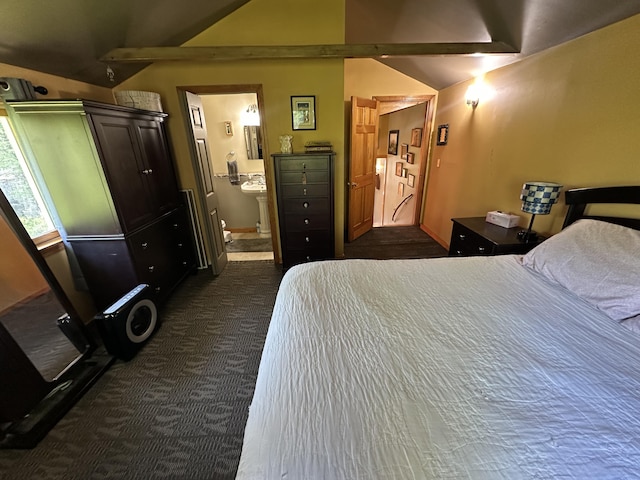 396 Smyrna Town Line Rd, Smyrna, ME 04780 - bedroom featuring dark colored carpet, lofted ceiling, and connected bathroom