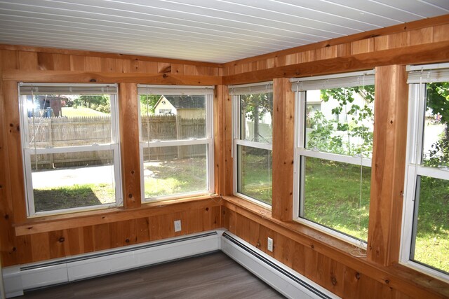 25 Ariel St, Lincoln, ME 04457 - unfurnished sunroom with wooden walls, baseboard heating, and wood finished floors