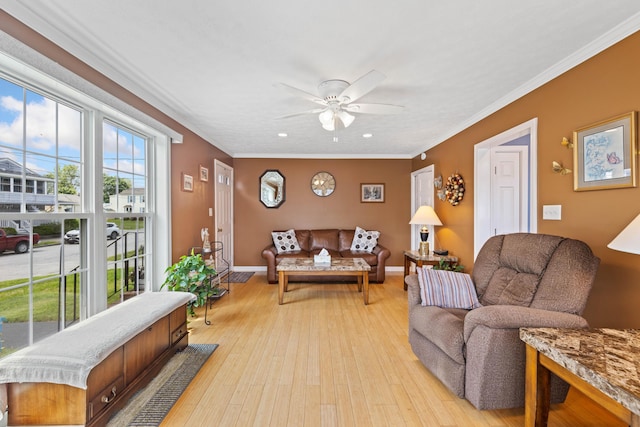 25 Harding St, Biddeford, ME 04005 - living room with a ceiling fan, light wood-style flooring, crown molding, and recessed lighting