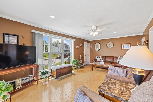 25 Harding St, Biddeford, ME 04005 - living area with a ceiling fan, wood-type flooring, recessed lighting, and crown molding