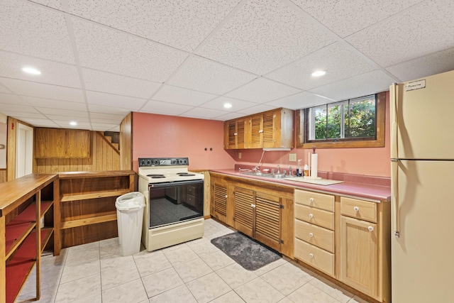 25 Harding St, Biddeford, ME 04005 - kitchen featuring white appliances, a drop ceiling, light tile patterned floors, and recessed lighting