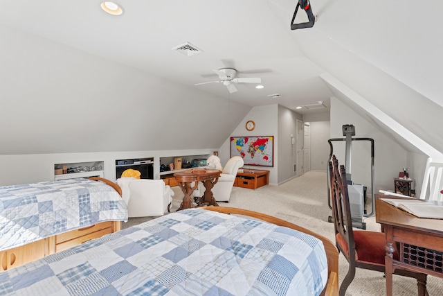 33 Lakeview Ln, Harrison, ME 04040 - bedroom with lofted ceiling, recessed lighting, a ceiling fan, and carpet floors