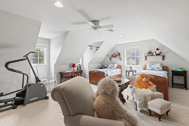33 Lakeview Ln, Harrison, ME 04040 - bedroom with carpet flooring, lofted ceiling, a ceiling fan, and recessed lighting